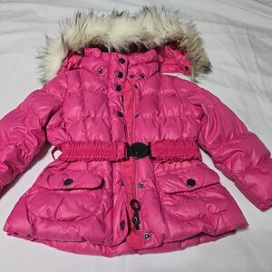 Poivre Blanc Belted  Pink Down Puffer Jacket with Faux Fur Hood